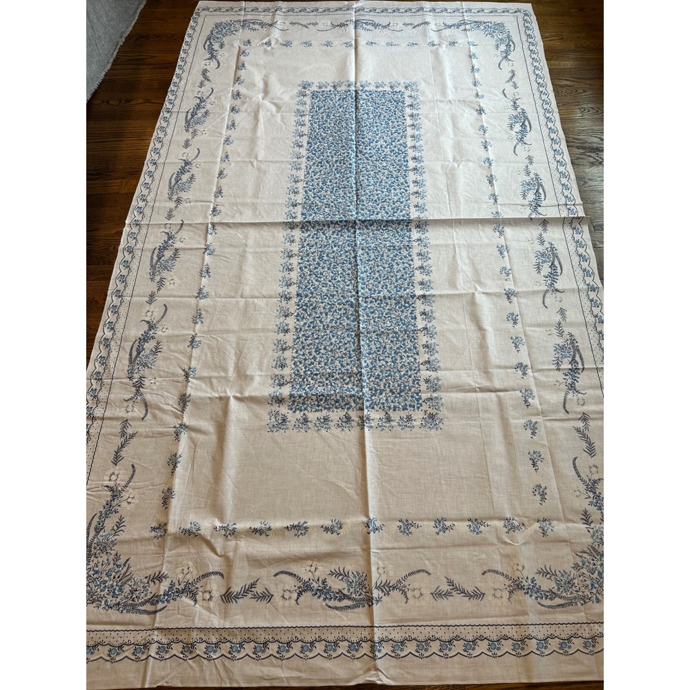 Vintage Blue Floral Tablecloth & 8 Napkin Set White Scalloped 100x62 Rectangular